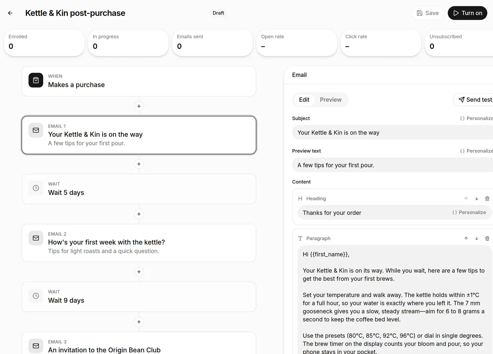 An AI-written post-purchase email sequence: thank-you email, wait 5 days, check-in email, wait 9 days, Bean Club invitation, with the first email open for editing