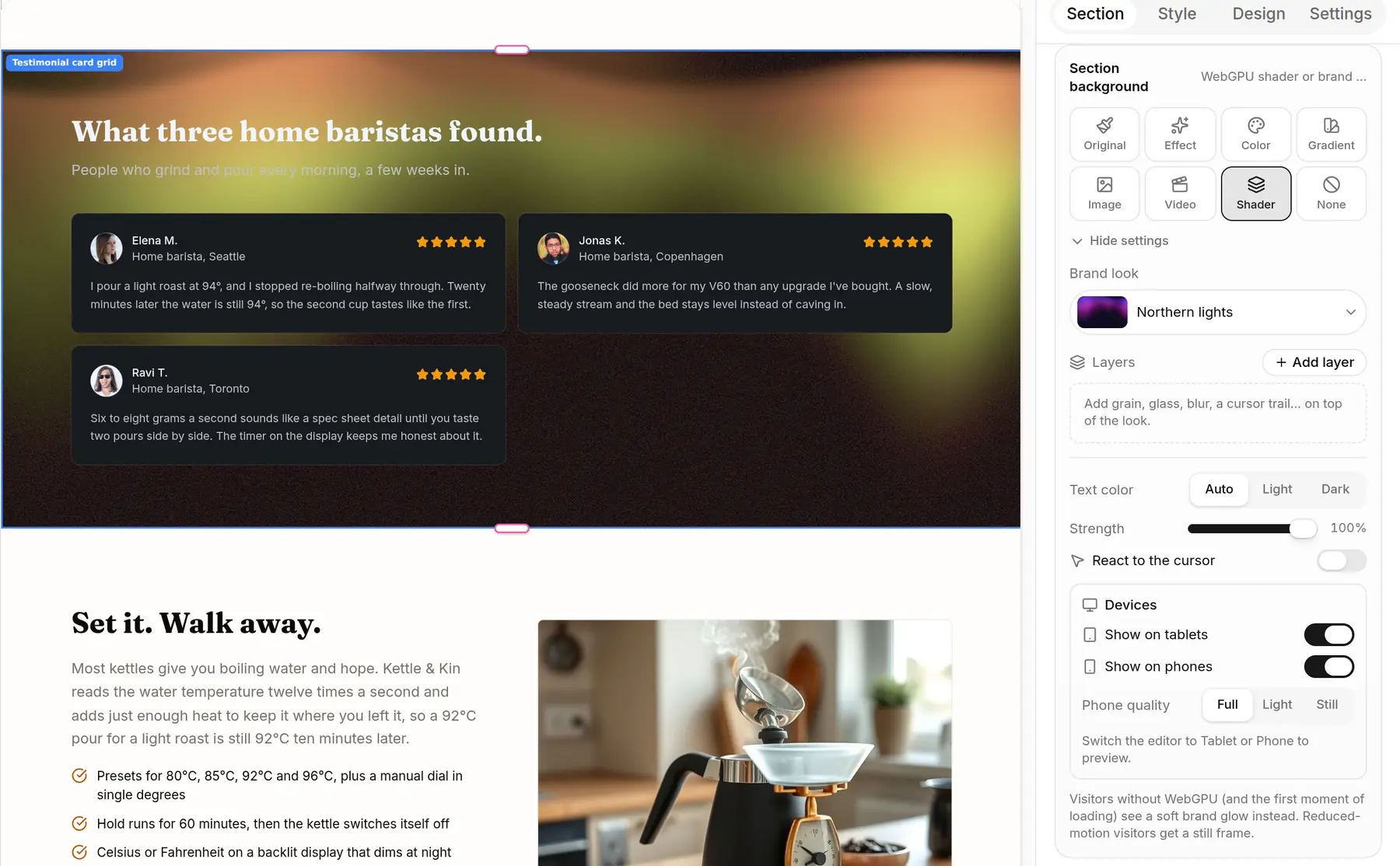 A testimonials section with an animated Northern lights shader background, and the Section background control set to Shader in the inspector