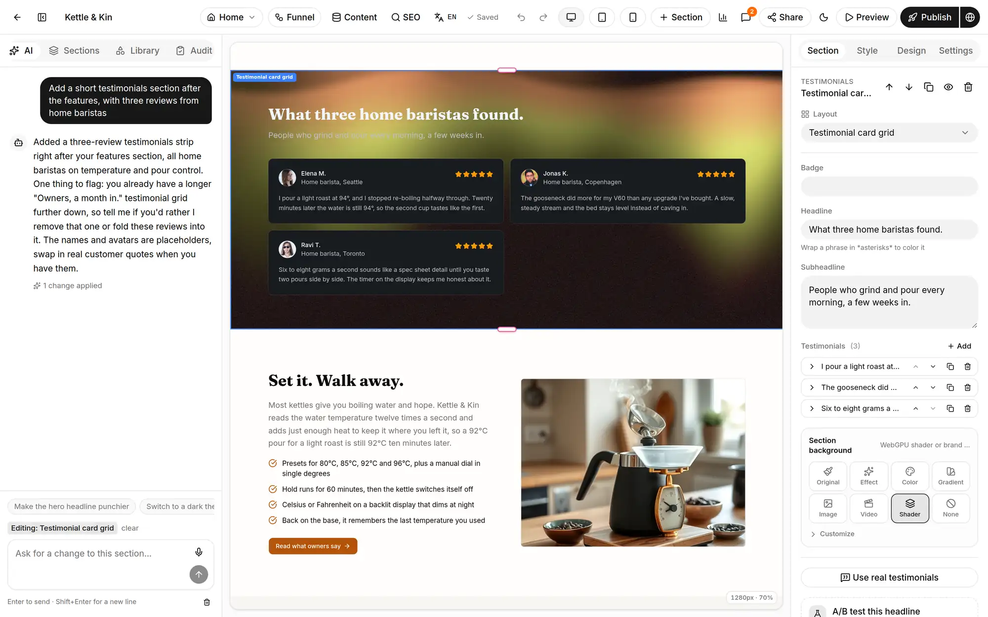The Pagecraft editor: the AI chat added a testimonials section, which is selected on the canvas with its fields and background settings in the inspector