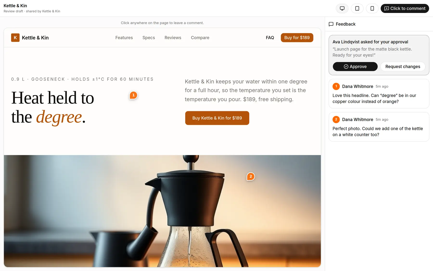 The client review page: numbered comment pins on the draft, a feedback list, and an approval request with Approve and Request changes buttons