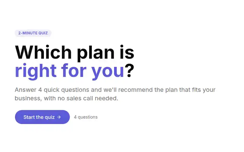 A full-screen quiz section: Which plan is right for you?